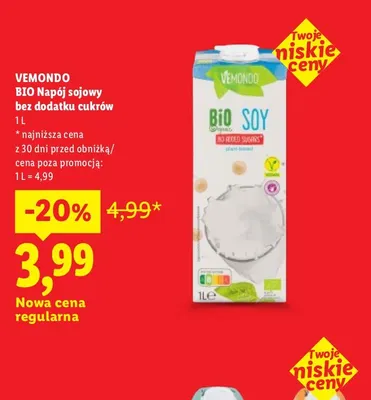 BIO Napój sojowy bez dodatku cukrów Vemondo promocja w Lidl