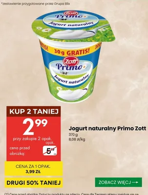 Jogurt naturalny Primo Zott promocja w Delikatesy Centrum