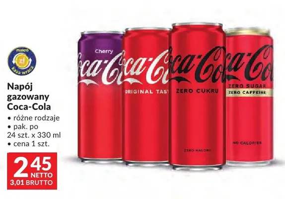 Napój gazowany Coca-Cola różne rodzaje promocja w Makro