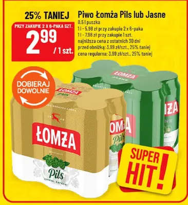 Piwo Łomża Pils lub Jasne 0.5l puszka promocja w POLOmarket