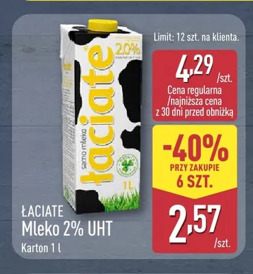 Mleko UHT Łaciate 2% promocja w Aldi