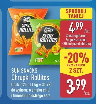 Chrupki Rollitos o smaku chili i limonki Sun Snacks promocja w Aldi