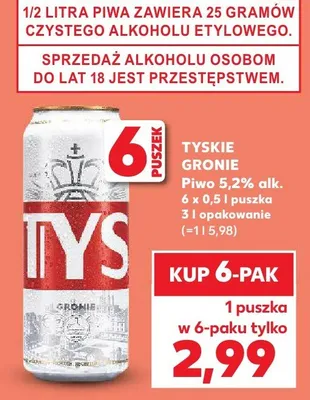 Piwo Tyskie Gronie 5,2% zgrzewka 6x0,5l puszka promocja w Kaufland