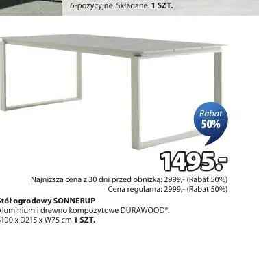 Stół ogrodowy SONNERUP aluminium i drewno kompozytowe DURAWOOD S100 x D215 x W75cm promocja w Jysk