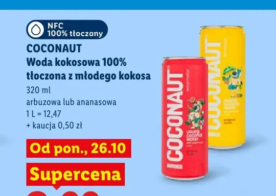Woda kokosowa 100% tłoczona z młodego kokosa arbuzowa Coconaut promocja w Lidl