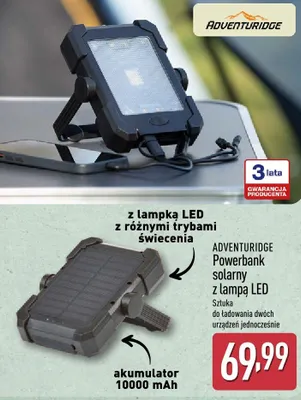 Powerbank solarny z lampą LED ADVENTURIDGE 10000mAh promocja w Aldi