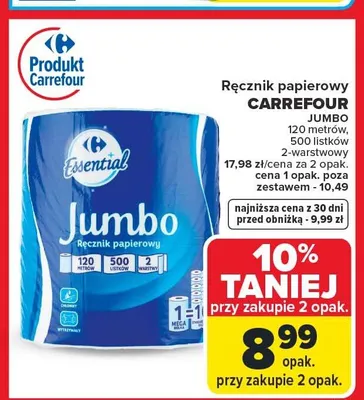 Ręcznik papierowy Carrefour Jumbo 120m 500 listków 2-warstwowy promocja w Carrefour