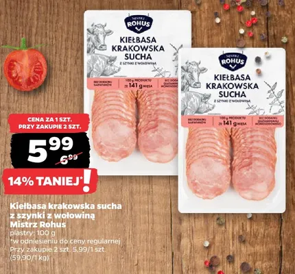 Kiełbasa krakowska sucha z szynki z wołowiną Mistrz Rohus promocja w Netto