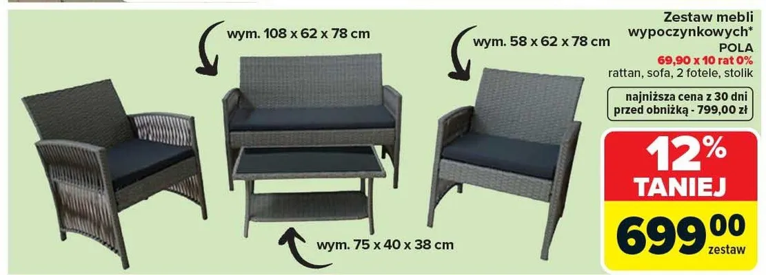 Zestaw mebli wypoczynkowych Pola rattan sofa 2 fotele stolik 108x62x78cm promocja w Carrefour