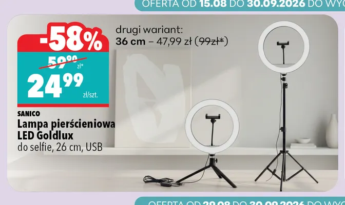Lampa pierścieniowa LED Goldlux Sanico do selfie 36 cm promocja w Biedronka Home