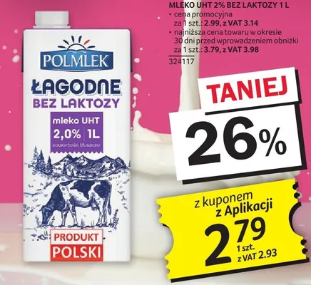 Mleko UHT 2% bez laktozy Polmlek Łagodne 1 l promocja w Selgros