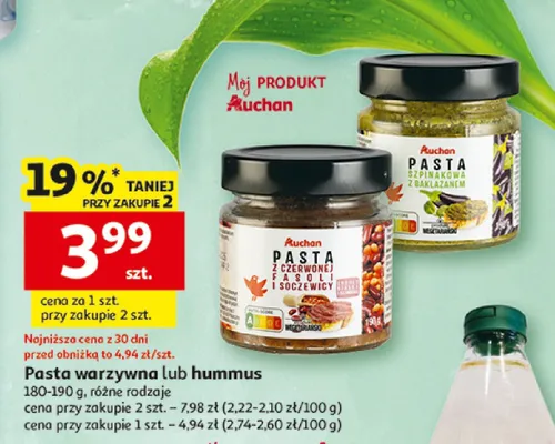 Pasta warzywna lub hummus promocja w Auchan