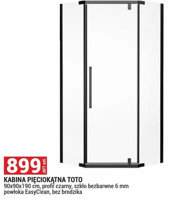 Kabina pięciokątna Toto 90x90x190cm, profil czarny, szkło bezbarwne 6mm powłoka EasyClean, bez brodzika promocja w Merkury Market