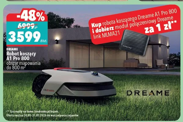 Robot koszący A1 Pro 800 obszar mapowania do 800 m2 Dreame promocja w Biedronka Home
