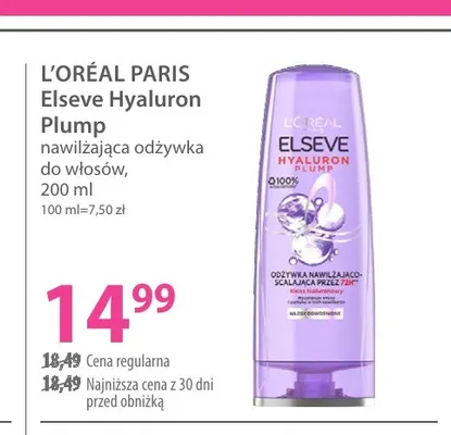 Nawilżająca odżywka do włosów Elseve Hyaluron Plump L'Oréal Paris promocja w Hebe