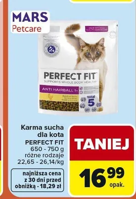 Karma sucha dla kota PERFECT FIT Anti Hairball 1+ 650-750g promocja w Carrefour