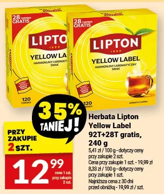 Herbata Lipton Yellow Label 92T+28T gratis promocja w Twój Market