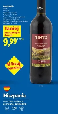 Wino czerwone półsłodkie Conde Noble Tinto promocja w Lidl