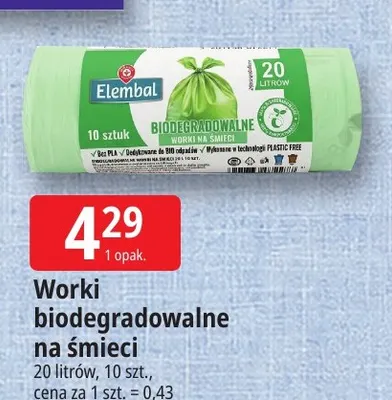 Worki biodegradowalne na śmieci 20 l Elembal 10-pak promocja w Leclerc