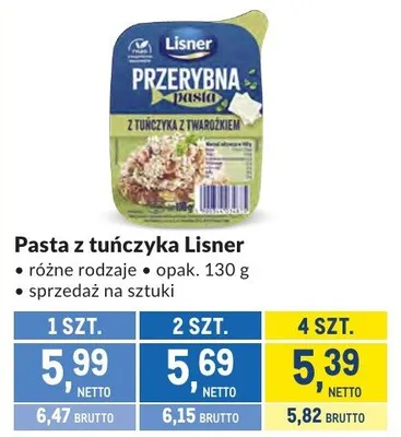 Pasta z tuńczyka Lisner różne rodzaje promocja w Makro