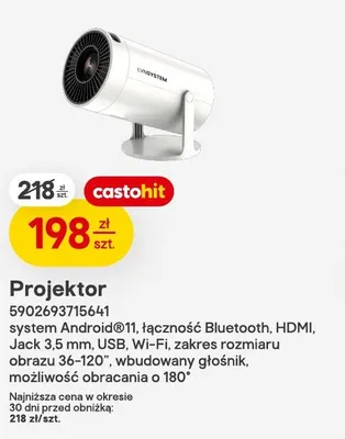 Projektor LVNSYSTEM system Android 11 łączność Bluetooth HDMI Jack 3,5mm USB Wi-Fi zakres rozmiaru obrazu 36-120 wbudowany głośnik możliwość obracania o 180 promocja w Castorama