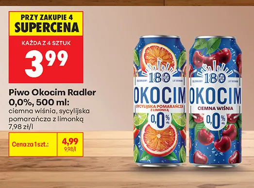Piwo bezalkoholowe Okocim Radler ciemna wiśnia promocja w Biedronka