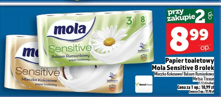Papier toaletowy Mola Sensitive 8 rolek promocja w TOPAZ