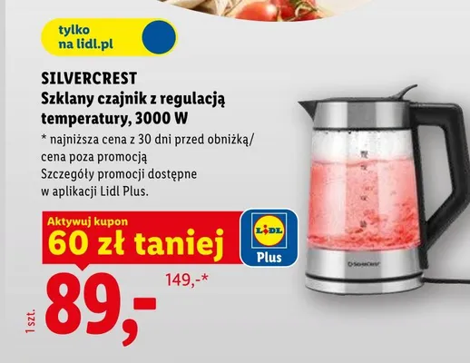 Szklany czajnik z regulacją temperatury SILVERCREST 3000W promocja w Lidl