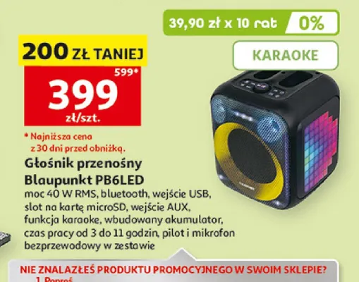 Głośnik przenośny Blaupunkt PB6LED 40W bluetooth karaoke promocja w Auchan