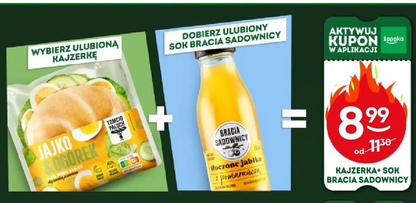 Zestaw Kajzerka Tomcio Paluch Jajko & Ogórek 120-137 g + Sok Bracia Sadownicy Tłoczone jabłko i pomarańcza 250 ml promocja w Żabka