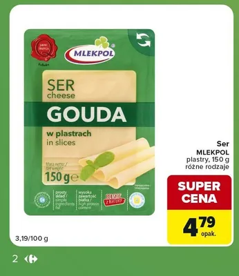 Ser Gouda w plastrach Mlekpol promocja w Carrefour Express
