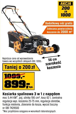 Kosiarka spalinowa 3 w 1 z napędem moc 5,44kW, poj. silnika 196 cm3, kosz 62l, centralna regulacja wysokości koszenia 25-75mm, regulacja obudowy, funkcja mulczowania, mielenie do kosza, wyrzut boczny promocja w OBI