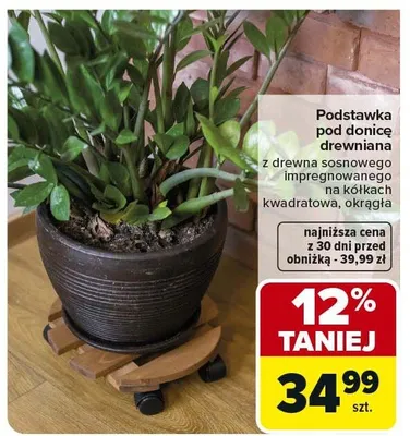 Podstawka pod donicę drewniana z drewna sosnowego impregnowanego na kółkach kwadratowa, okrągła promocja w Carrefour