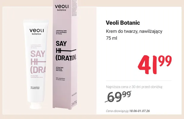 Krem do twarzy nawilżający Veoli Botanica Say Hi (Dration) promocja w Rossmann