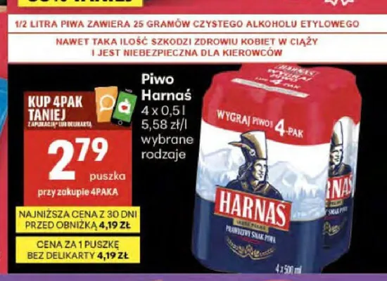 Piwo Harnaś 4-pak 0,5l promocja w Delikatesy Centrum