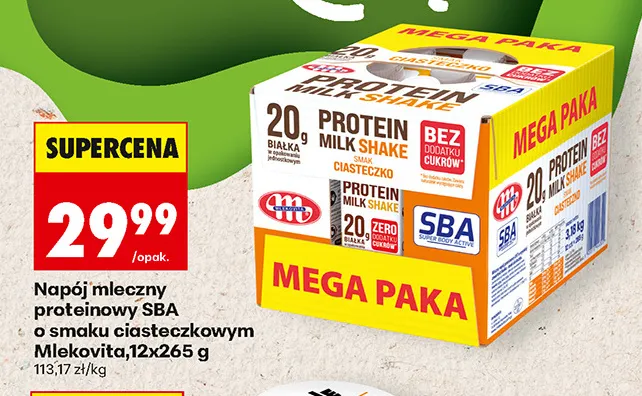 Napój mleczny proteinowy SBA o smaku ciasteczkowym 12-pak Mlekovita promocja w Biedronka