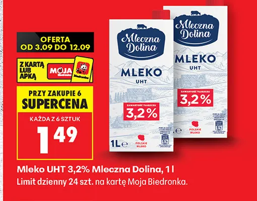 Mleko UHT Mleczna Dolina 3,2% promocja w Biedronka