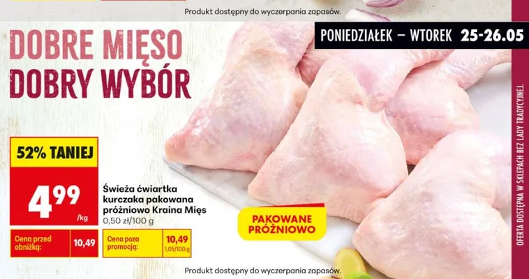 Świeża ćwiartka kurczaka pakowana próżniowo Kraina Mięs promocja w Biedronka