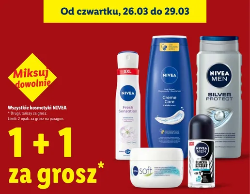 Wszystkie kosmetyki Nivea 1+1 ZA 1 GROSZ promocja w Lidl