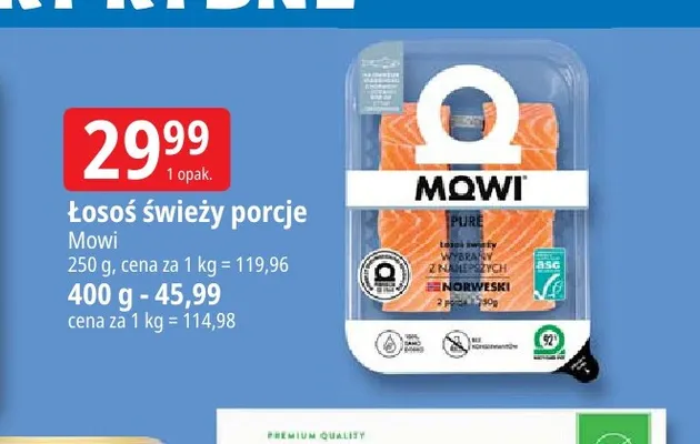 Łosoś świeży porcje Mowi 400 g promocja w Leclerc