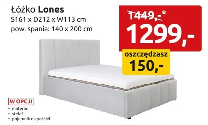 Łóżko Lones S161xD212xW113cm pow. spania 140x200cm promocja w Black Red White