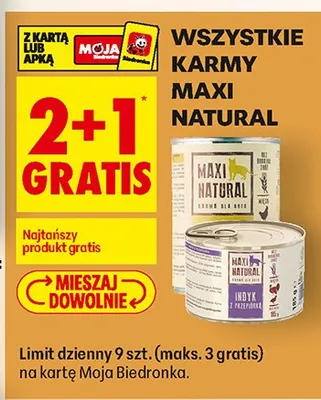 Wszystkie karmy Maxi Natural 2+1 GRATIS promocja w Biedronka