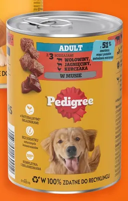 Karma dla psów mokra Pedigree Adult z trzema rodzajami wołowiny jagnięciny i kurczaka w musie promocja w Intermarche
