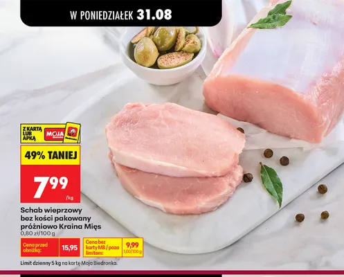Schab wieprzowy bez kości pakowany próżniowo Kraina Mięs promocja w Biedronka