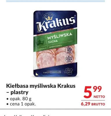 Kiełbasa myśliwska w plastrach Krakus promocja w Makro
