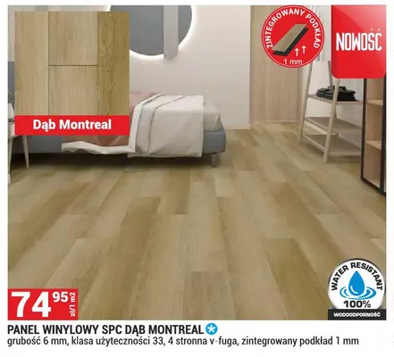 Panel winylowy SPC Dąb Montreal grubość 6mm klasa użyteczności 33 4 stronna v-fuga zintegrowany podkład 1mm promocja w Merkury Market