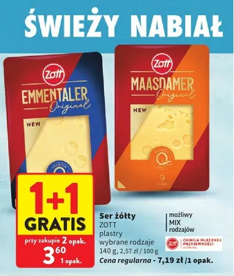 Ser żółty Zott Emmentaler Original plastry promocja w Intermarche
