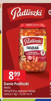 Danie fasolka po bretońsku z kiełbasą i boczkiem Pudliszki promocja w Leclerc