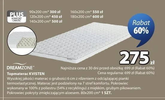 Topmaterac DREAMZONE KVISTEN 80x200cm promocja w Jysk