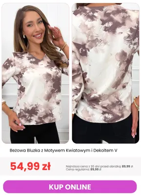 Beżowa bluzka z motywem kwiatowym i dekoltem V promocja w Modna Kiecka